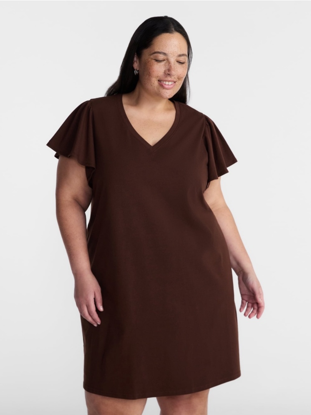 Terra and Sky Women’s Plus Warm Chocolate V-Neck Dress W/ Flutter Sleeves 1X